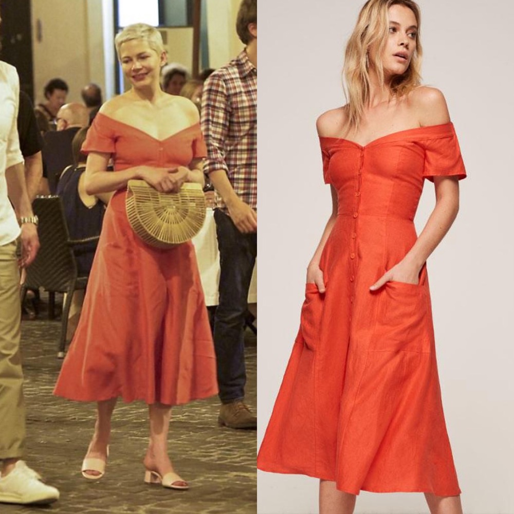 Reformation Red Mariposa Off Shoulder Linen Midi Dress 4